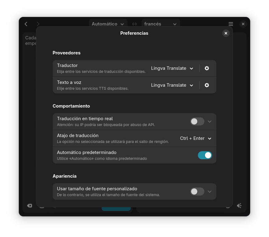Opciones disponibles